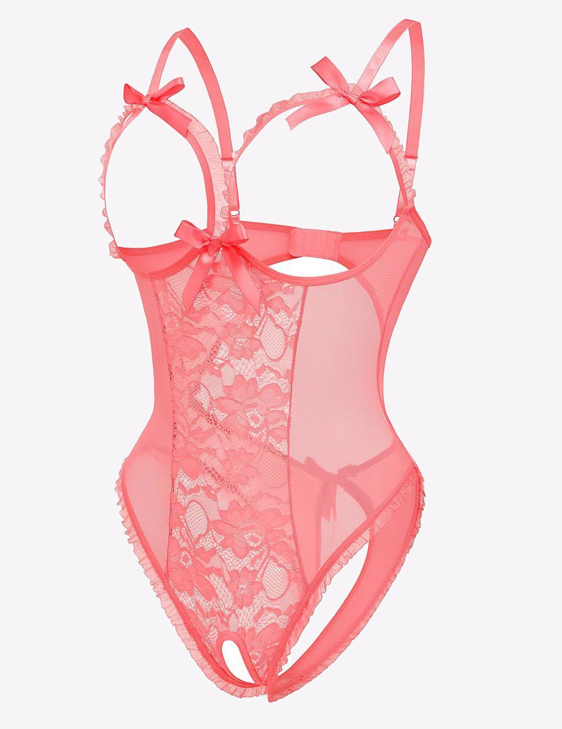 Coral lace cut-out bodysuit, adjustable straps, backless with bow accents. Sexy, bold lingerie.
