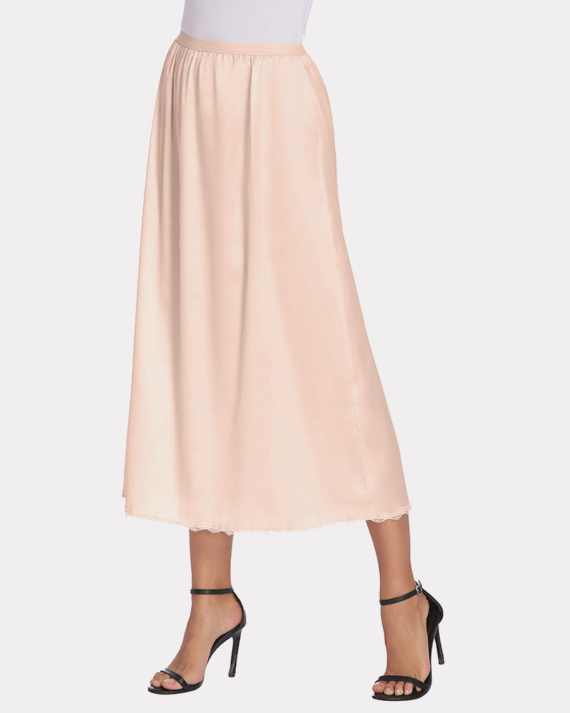 Peach satin half slip with lace trim, elegant long underskirt for women, perfect for layering