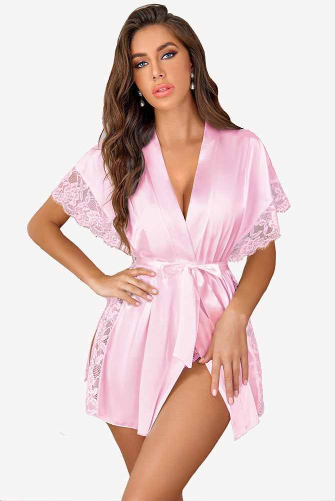 Pink satin kimono robe with eyelash lace trim, waist tie, side split. Elegant lingerie design.
