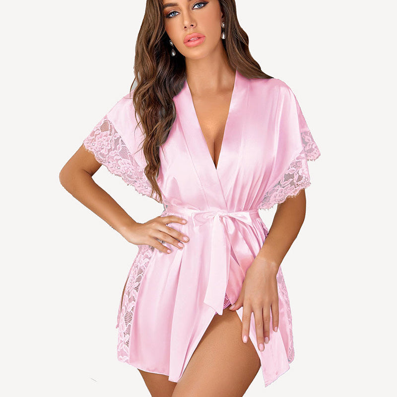 Pink satin kimono robe with eyelash lace trim, waist tie, side split. Elegant lingerie design.