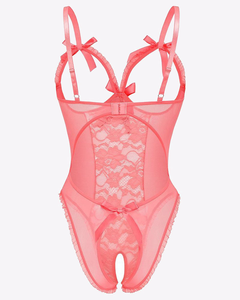 Pink lace cut-out cup bodysuit with sheer mesh panels and bow straps
