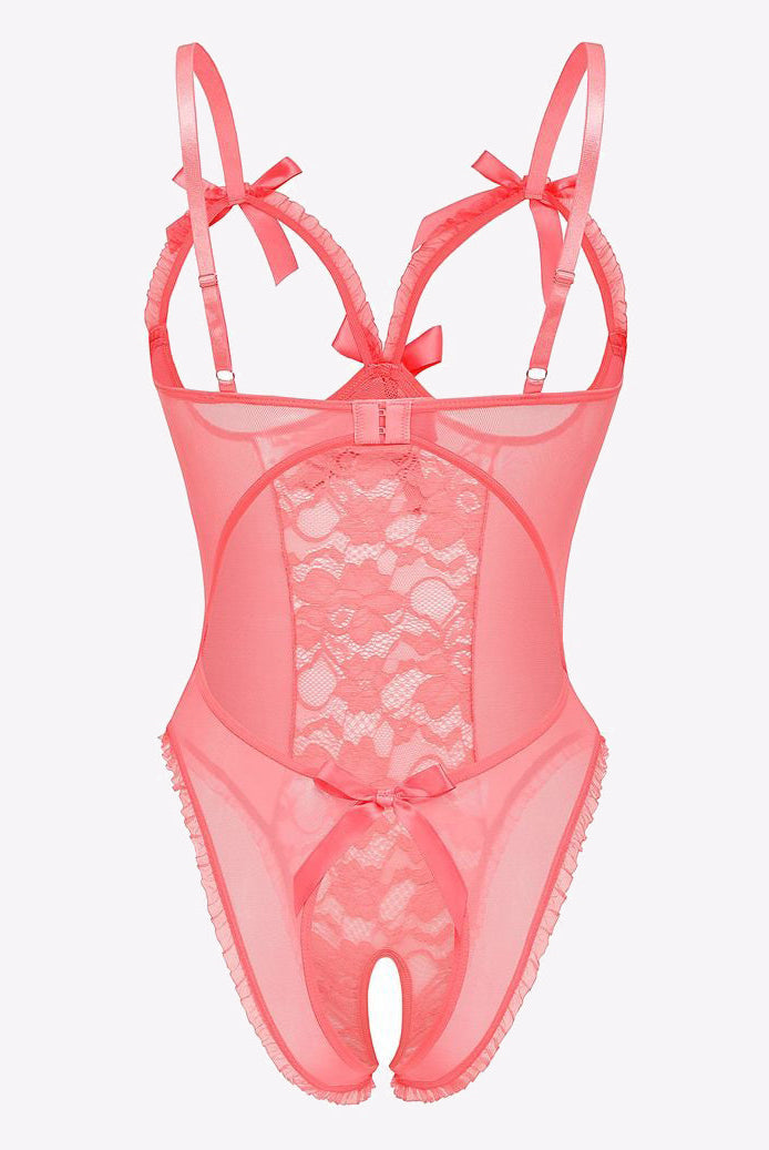 Coral Lace Cut-out Cup Bodysuit with Adjustable Straps and Bows - Sexy Lingerie