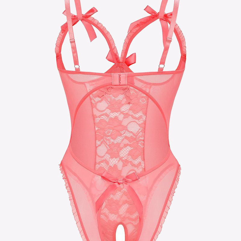 Coral Lace Cut-out Cup Bodysuit with Adjustable Straps and Bows - Sexy Lingerie