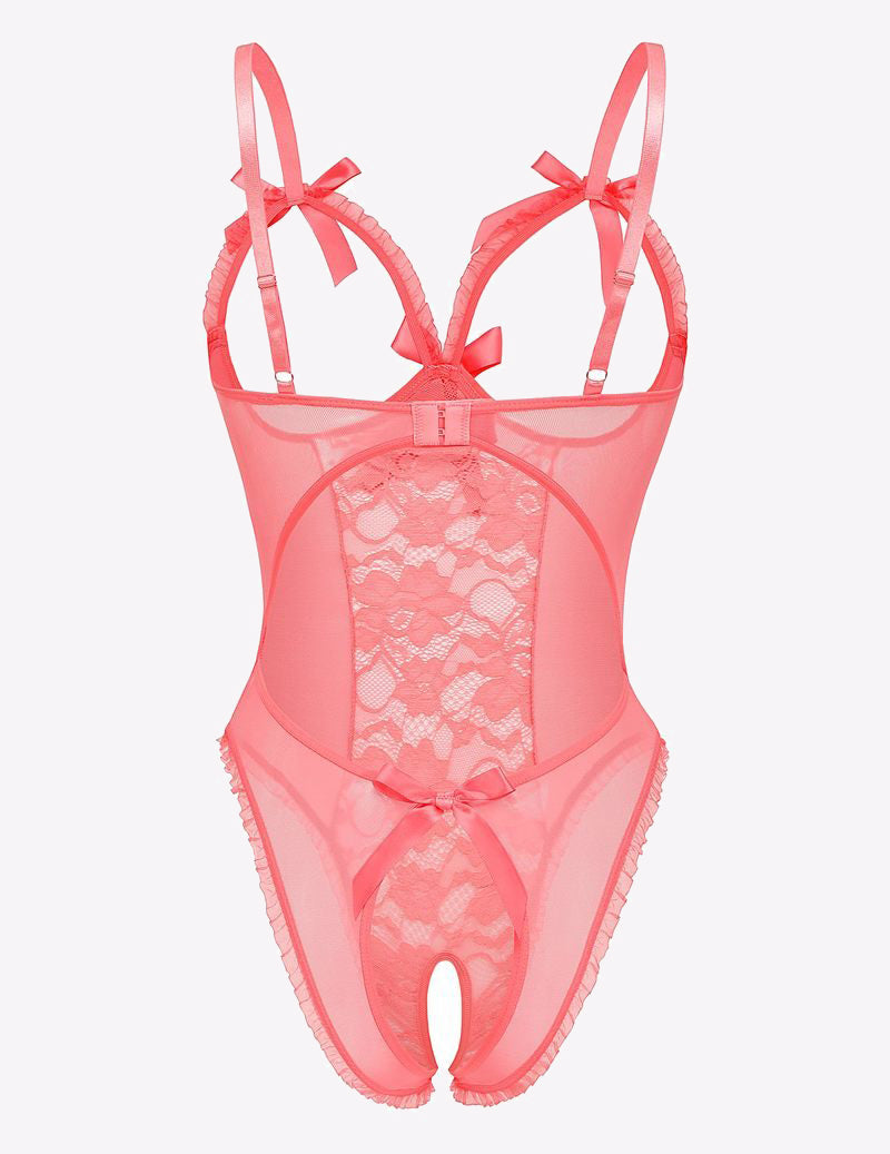 Coral Lace Cut-out Cup Bodysuit with Adjustable Straps and Bows - Sexy Lingerie