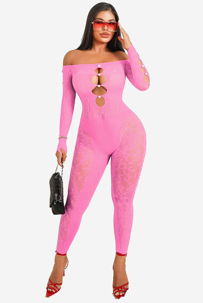 Pink fishnet bodysuit with lace details and cut-out design, sexy lingerie for women, Avidlove