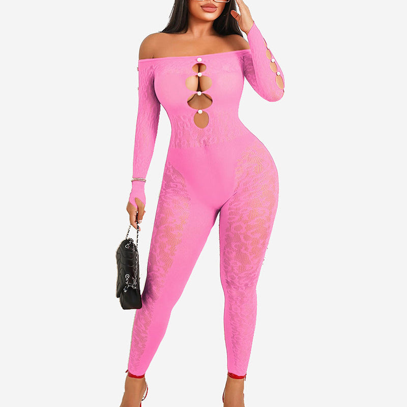 Pink fishnet bodysuit with lace details and cut-out design, sexy lingerie for women, Avidlove