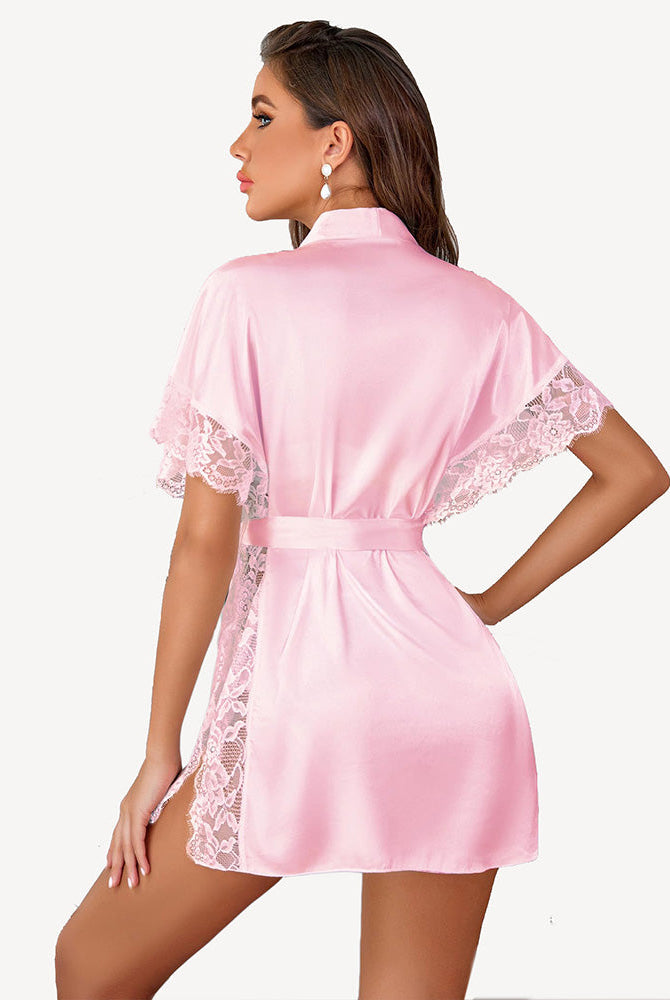 Pink satin kimono robe with eyelash lace trim, side split, and waist tie. Luxurious lingerie.