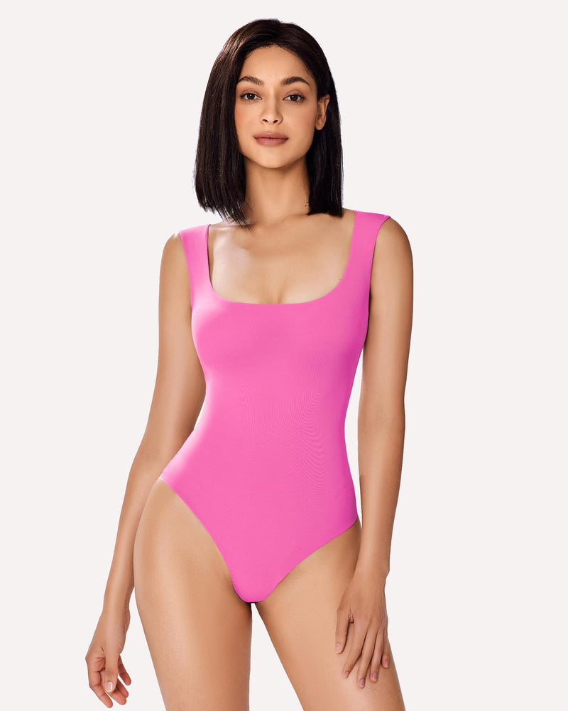 Avidlove pink square neck bodysuit shapewear, smooth, shaping design, flattering bodyline.