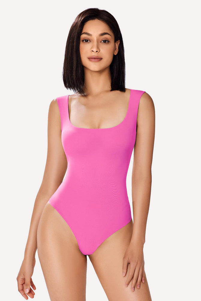 Pink square neck bodysuit shapewear, form-fitting design, smooth bodyline, Avidlove