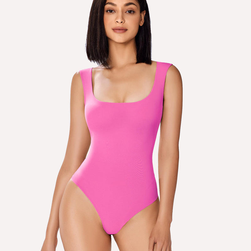 Pink square neck bodysuit shapewear, form-fitting design, smooth bodyline, Avidlove