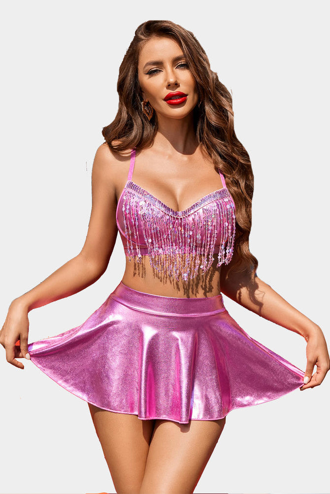 Pink sequin fringe crop top and metallic mini skirt rave outfit, sexy rave costume.