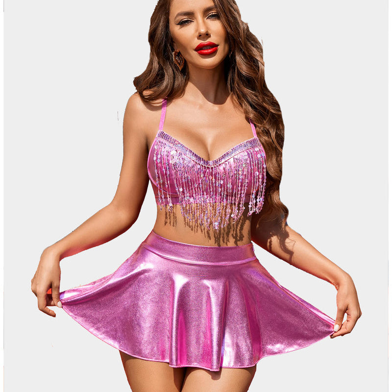 Pink sequin fringe crop top and metallic mini skirt rave outfit, sexy rave costume.