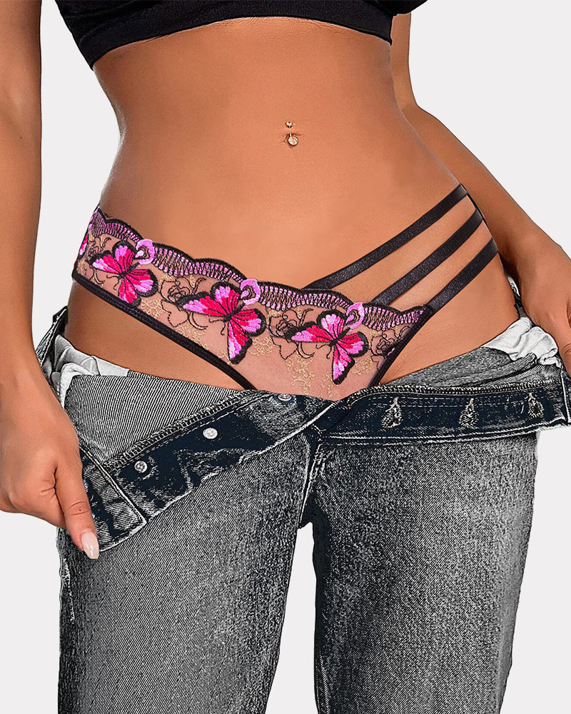 Avidlove butterfly embroidered pink panties, low-rise, beneath unbuttoned jeans, sexy lingerie