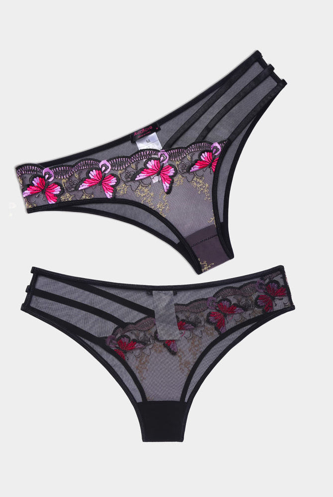 Avidlove Butterfly Embroidered Mesh Panties, Black Mesh & Pink Floral, Triple Straps, Sexy Lingerie