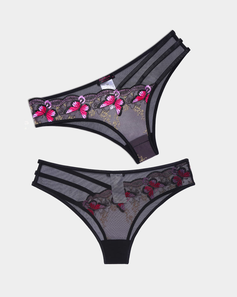 Avidlove Butterfly Embroidered Mesh Panties, Black Mesh & Pink Floral, Triple Straps, Sexy Lingerie