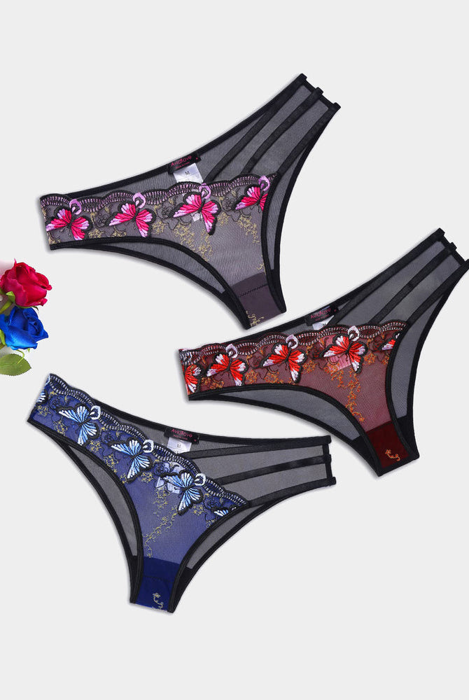 Butterfly embroidered mesh panties by Avidlove in pink, red, and blue, sexy lingerie
