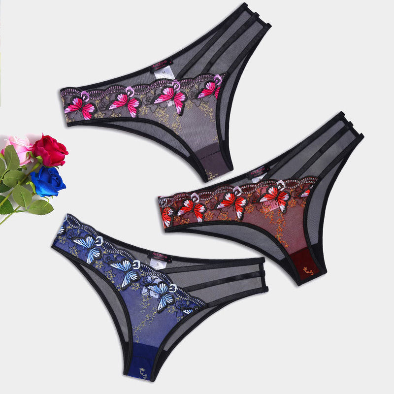 Butterfly embroidered mesh panties by Avidlove in pink, red, and blue, sexy lingerie
