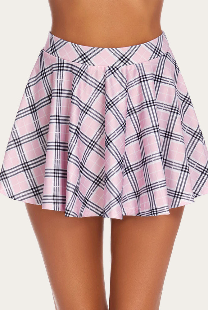 Pink plaid A-line mini skirt, high-waisted design, schoolgirl style, breathable fabric