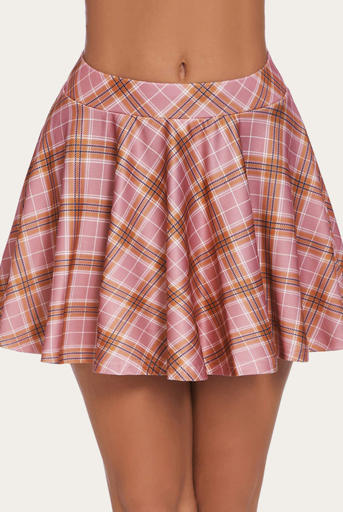 Pink plaid A-line mini skirt, high-waisted, flared design, comfortable schoolgirl style outfit.