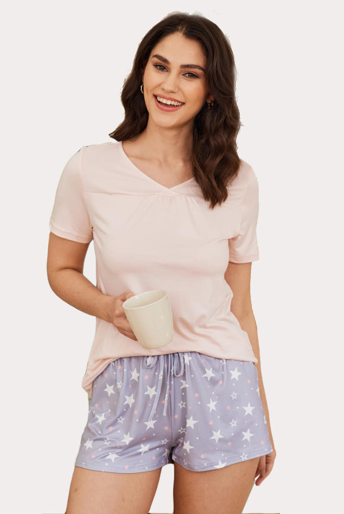 Women's short pajama set with star print, soft and breathable sleepwear, comfortable loungewear.