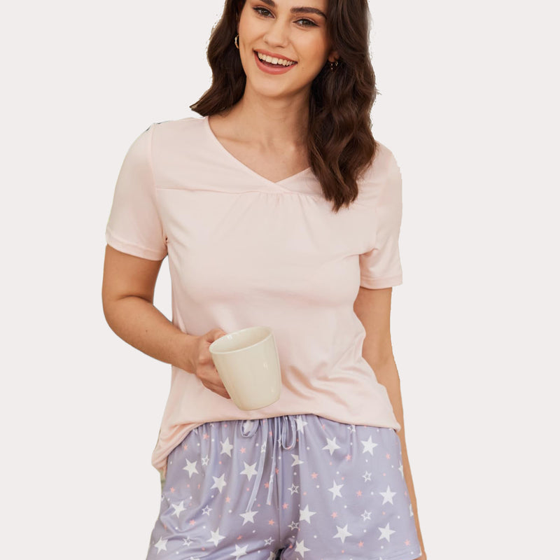 Women's short pajama set with star print, soft and breathable sleepwear, comfortable loungewear.