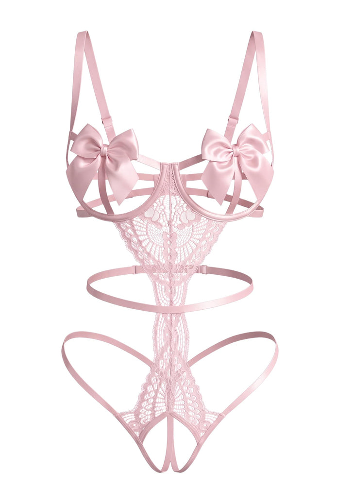 Pink floral lace teddy with satin bow underwire cups and strappy cutouts