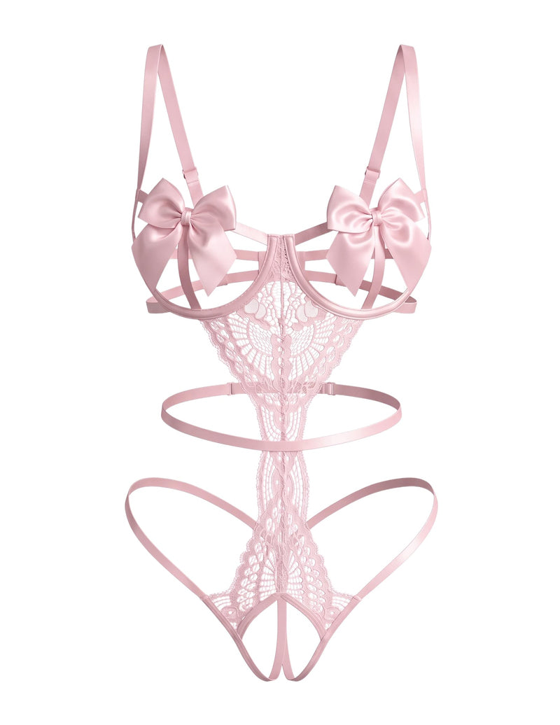 Pink floral lace teddy with satin bow underwire cups and strappy cutouts