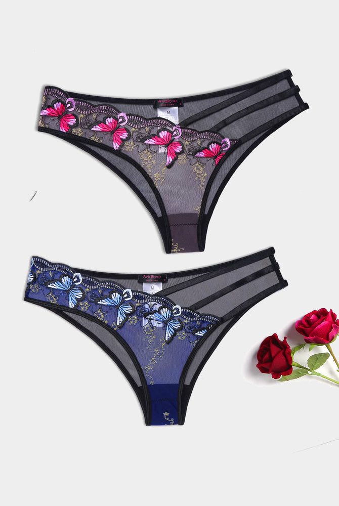 Avidlove butterfly embroidered mesh panties with pink and blue floral, triple straps, sexy lingerie