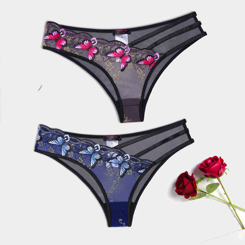 Avidlove butterfly embroidered mesh panties with pink and blue floral, triple straps, sexy lingerie