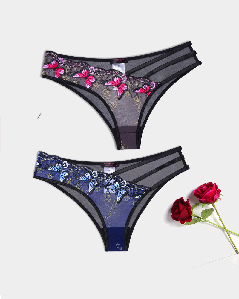 Avidlove butterfly embroidered mesh panties with pink and blue floral, triple straps, sexy lingerie