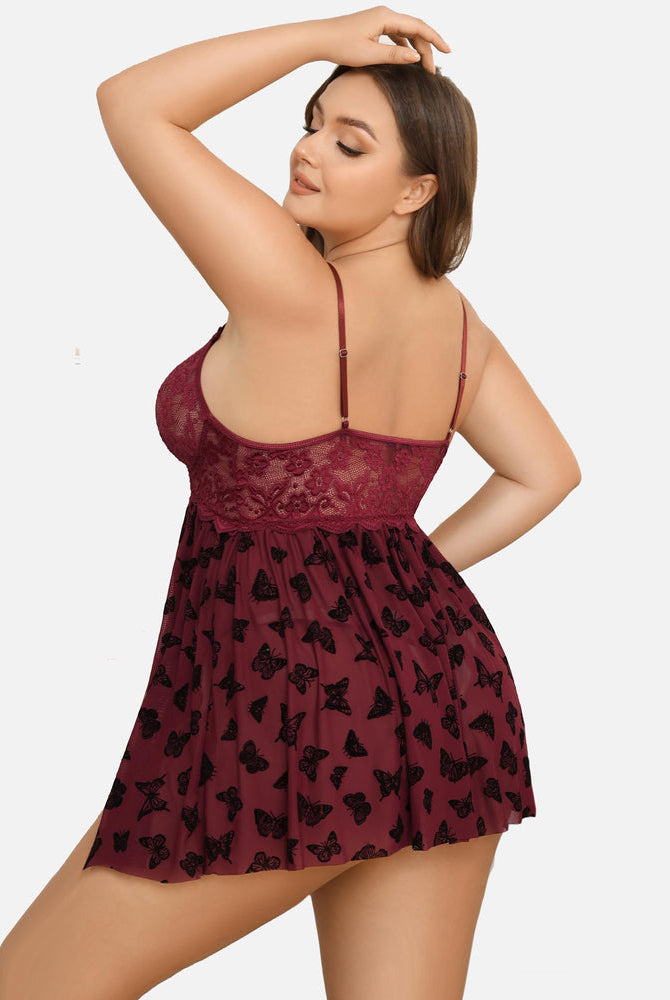 Plus Size Burgundy Lace Babydoll with Butterfly Print and High Slit lingerie