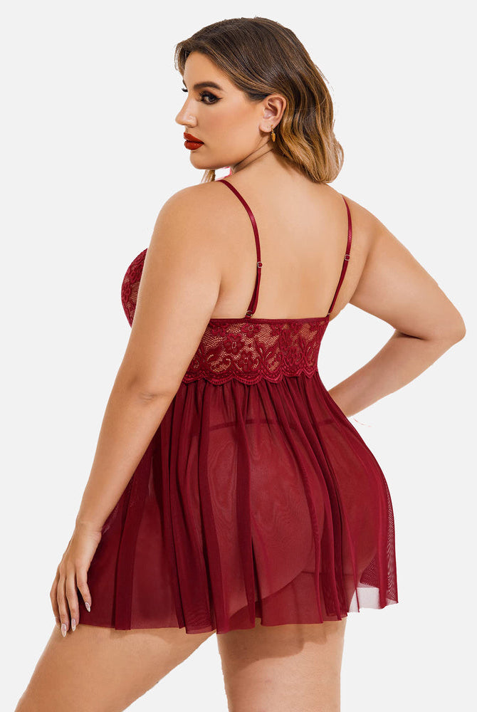 Plus size Christmas red lace babydoll lingerie with adjustable straps, high slit, scalloped trim