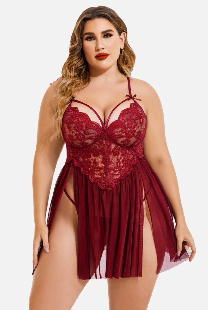 Plus size red lace babydoll lingerie with high slit and adjustable straps