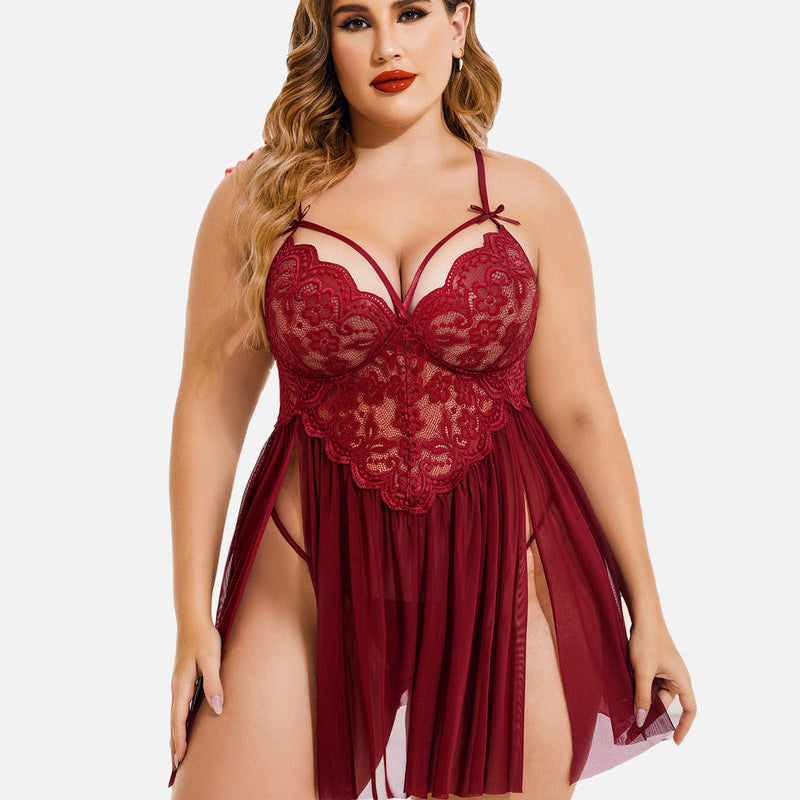 Plus size red lace babydoll lingerie with high slit and adjustable straps
