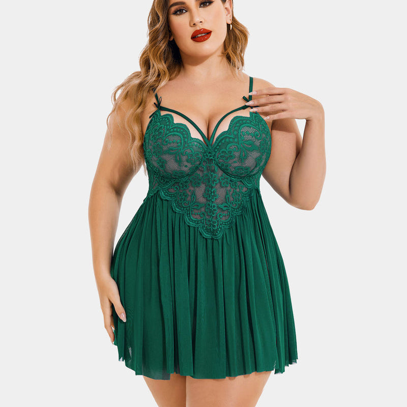 Green plus size babydoll lingerie with lace detail, mesh side slit from Avidlove