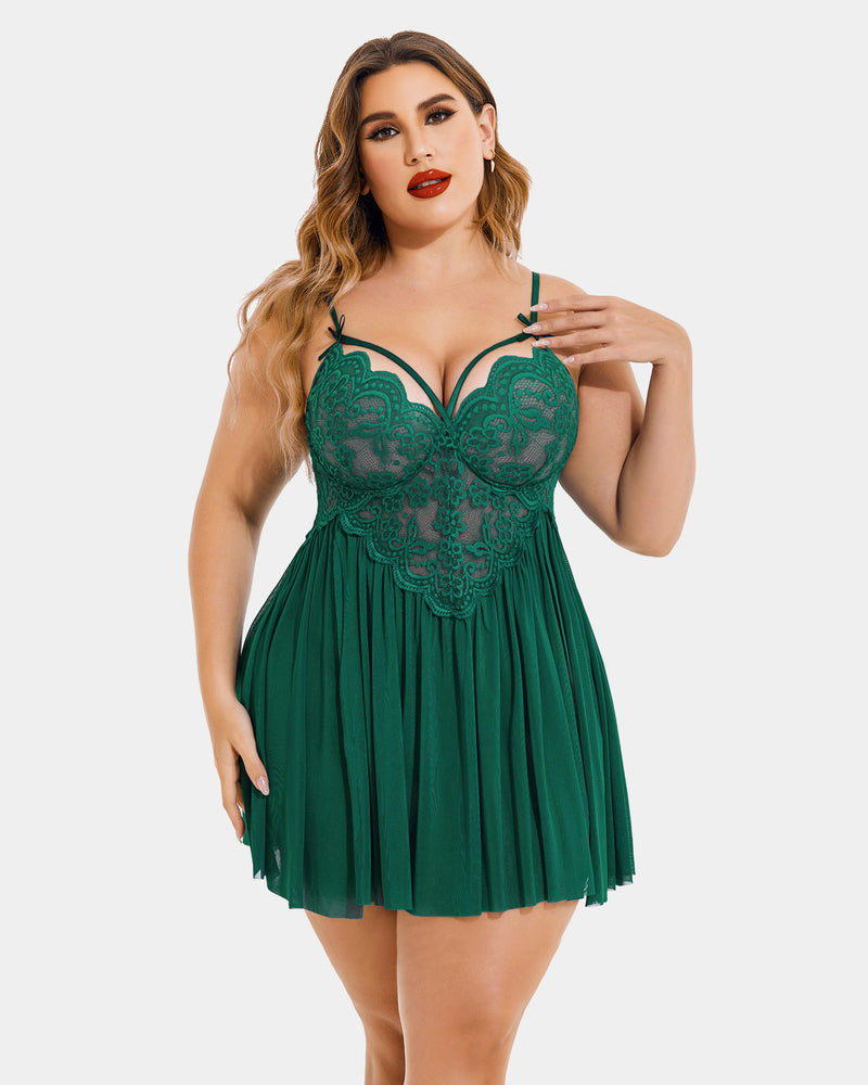 Green plus size babydoll lingerie with lace detail, mesh side slit from Avidlove
