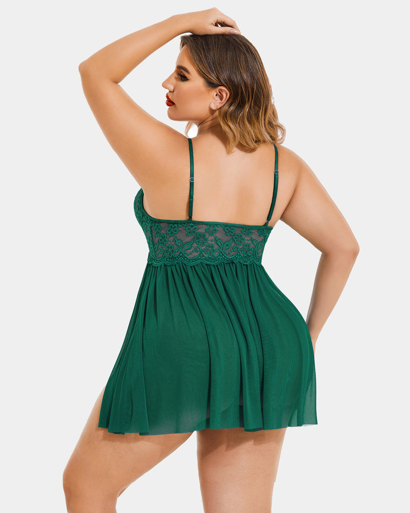 Plus Size Green Babydoll Lingerie with Lace and Mesh Side Slit