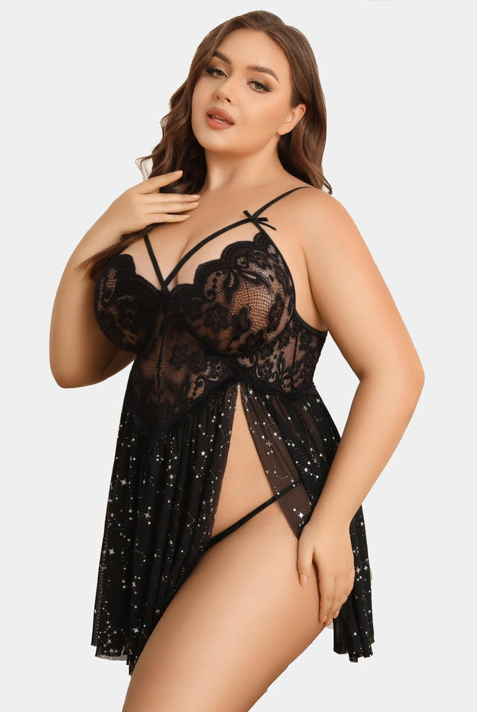 Plus size black lace nightdress with star print, side slit, sexy lingerie