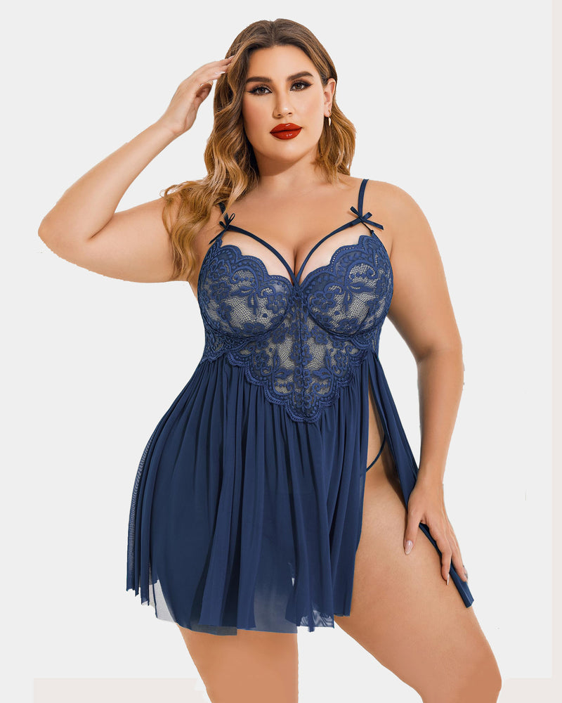 Plus Size navy blue babydoll lingerie with lace detail, mesh side slit and adjustable straps.