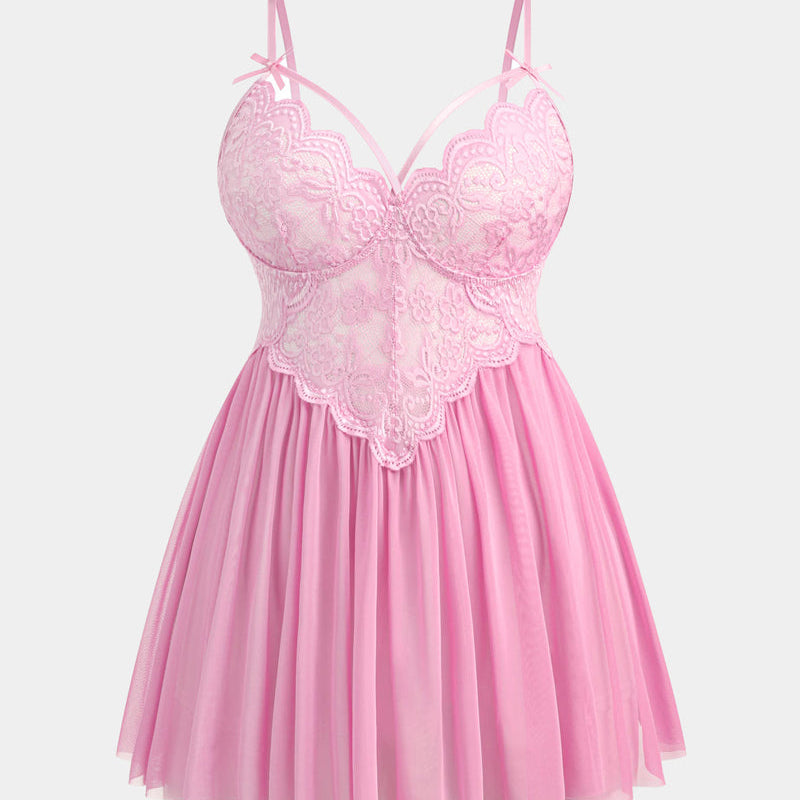 Plus size pink babydoll lingerie with lace cups, mesh skirt, and adjustable straps