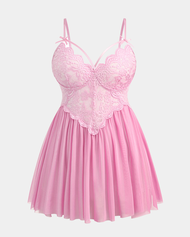 Plus size pink babydoll lingerie with lace cups, mesh skirt, and adjustable straps