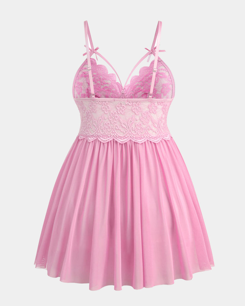 Plus size pink babydoll lingerie with lace, adjustable straps and mesh skirt. Avidlove.