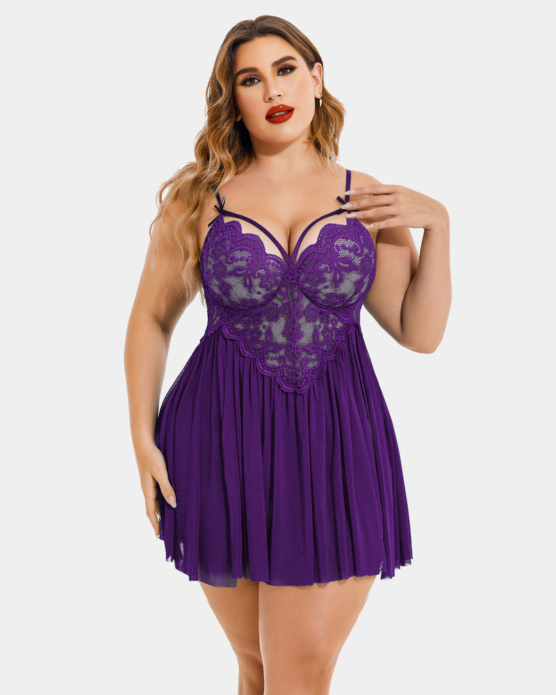 Plus size purple babydoll lingerie with lace cups, adjustable straps and mesh skirt, Avidlove