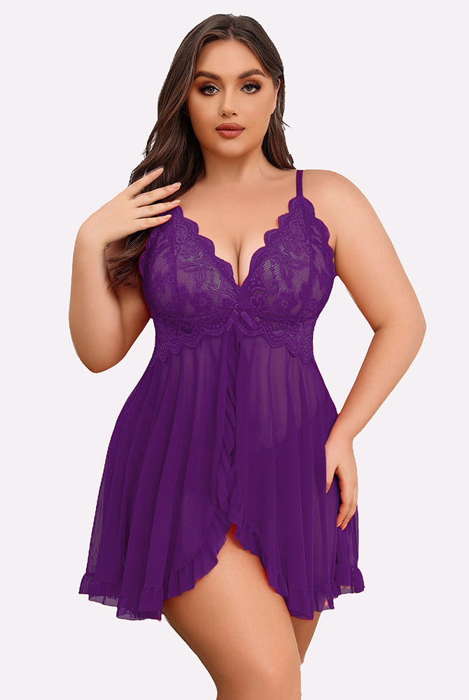 Plus Size Purple Lace Babydoll. Open Front, Deep V-neck, Adjustable Straps. Sexy Lingerie.