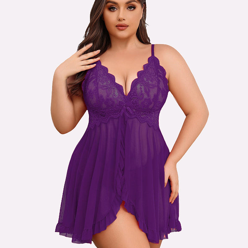 Plus Size Purple Lace Babydoll. Open Front, Deep V-neck, Adjustable Straps. Sexy Lingerie.