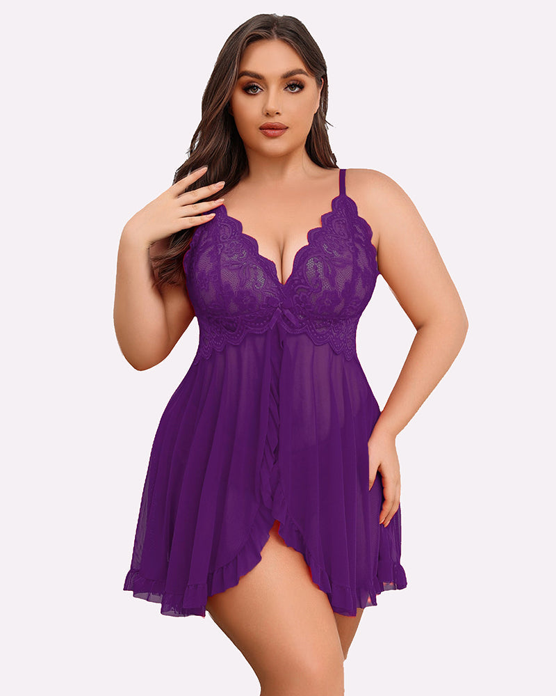 Plus Size Purple Lace Babydoll. Open Front, Deep V-neck, Adjustable Straps. Sexy Lingerie.