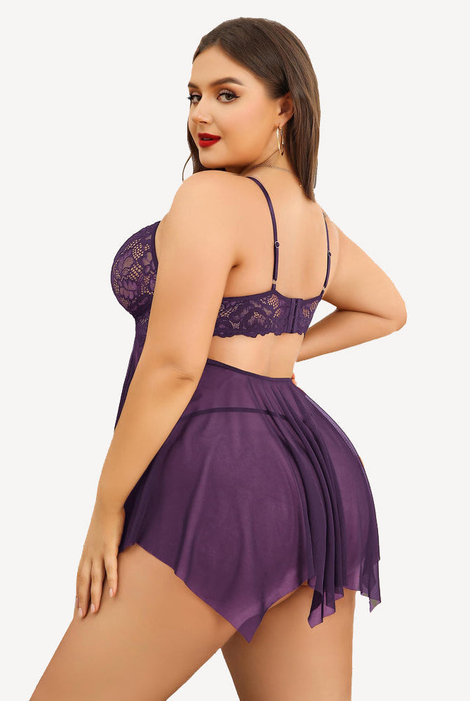 Plus Size Purple Lace Babydoll Lingerie Set with Adjustable Straps and Asymmetrical Hem