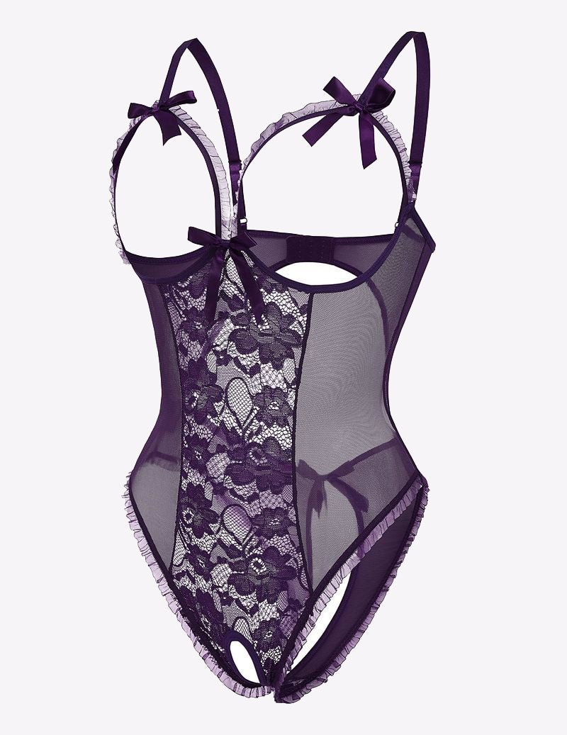 Purple lace cut-out bodysuit with adjustable straps, open back, and bow details. Sexy lingerie.