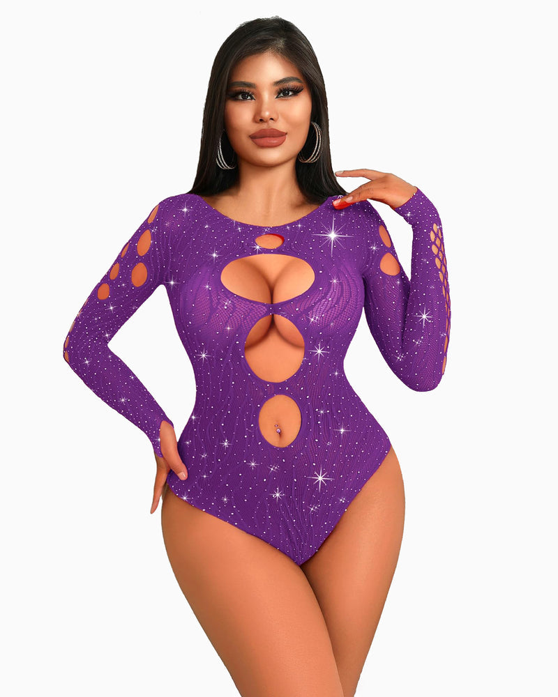 Purple rhinestone fishnet bodysuit, cut-out details, long sleeves. Bold, dazzling lingerie for women.