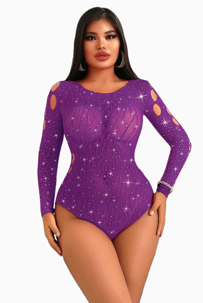 Purple rhinestone fishnet bodysuit, long sleeve, cut-out design, sexy lingerie